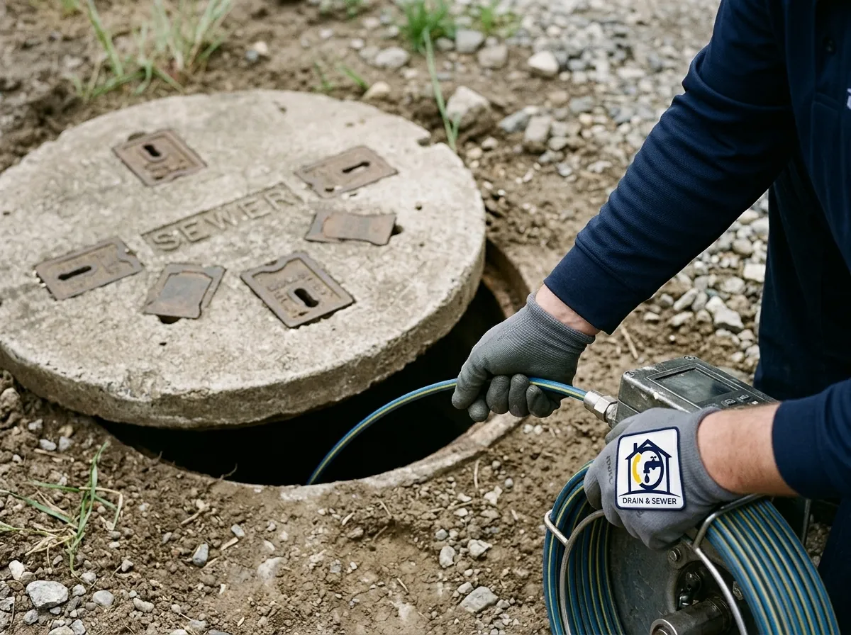 A concrete manhole cover is sitting in the dirt