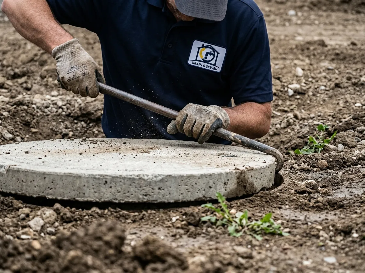 A concrete manhole cover is sitting in the dirt