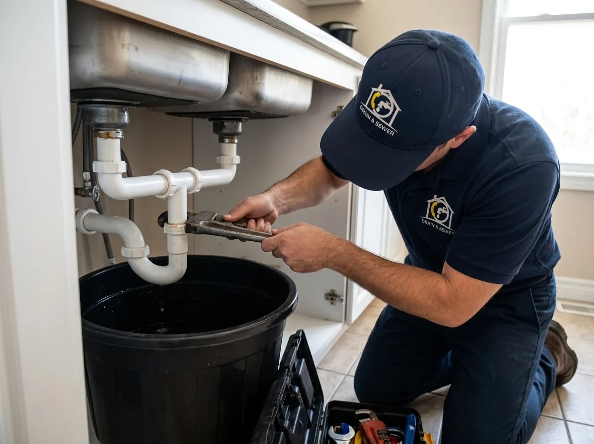 A kitchen sink with a trash can underneath it.