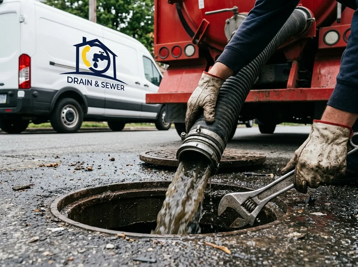 A red vacuum truck is pumping sewage into a manhole cover.