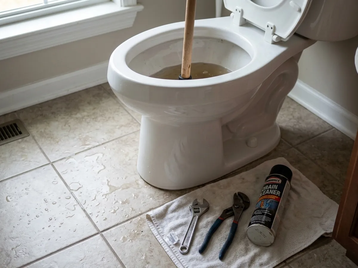 A toilet with a plunger sticking out of it