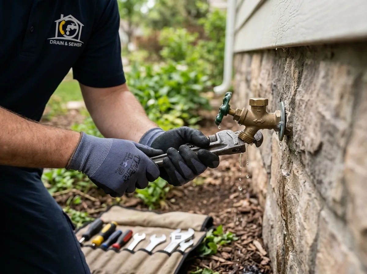 Dripping outdoor water tap indicating leak, plumbing repair in Lakewood, CO.