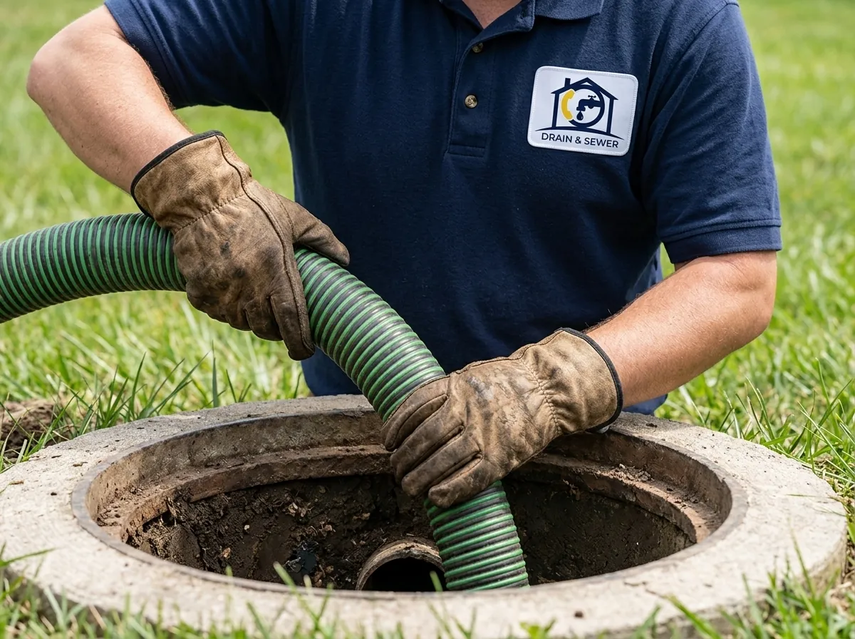 Gloved worker lowering a corrugated hose into a round ground opening on a grassy lawn