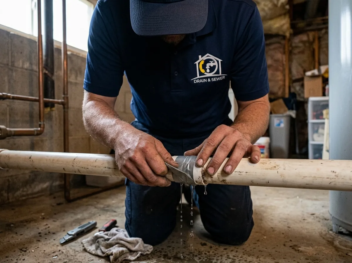 Leaking PVC pipe wrapped with temporary tape, emergency pipe repair needed in Lakewood, CO.