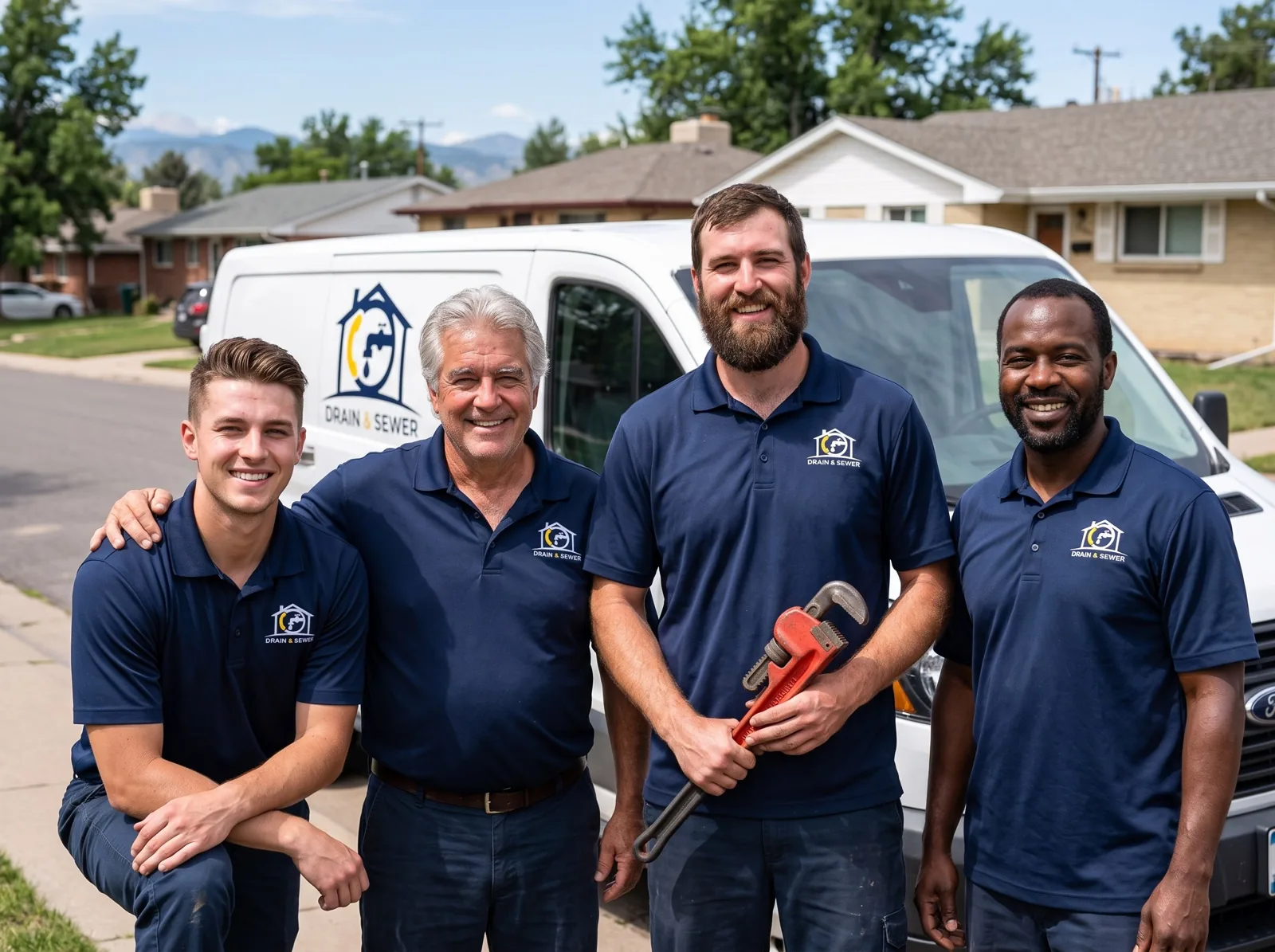 OnCall Drain & Sewer plumbing team in front of a service van in Lakewood, CO