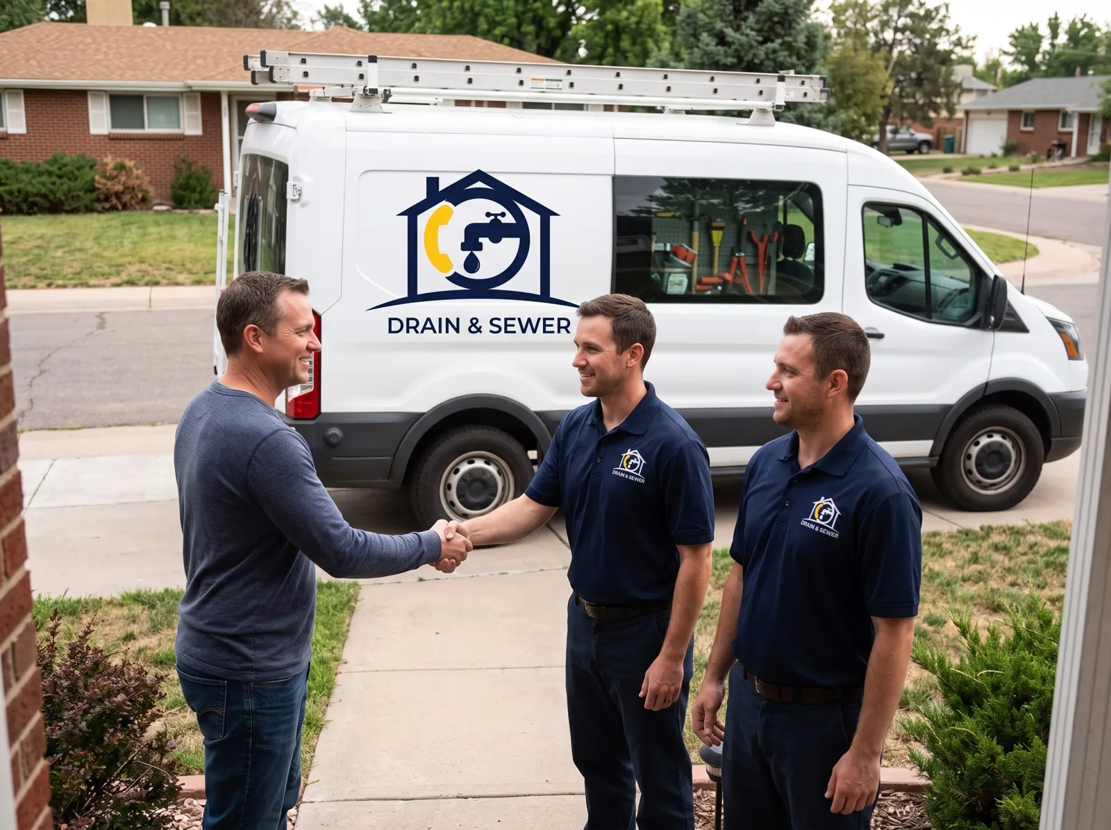 OnCall Drain & Sewer plumbing team in front of a service van in Lakewood, CO