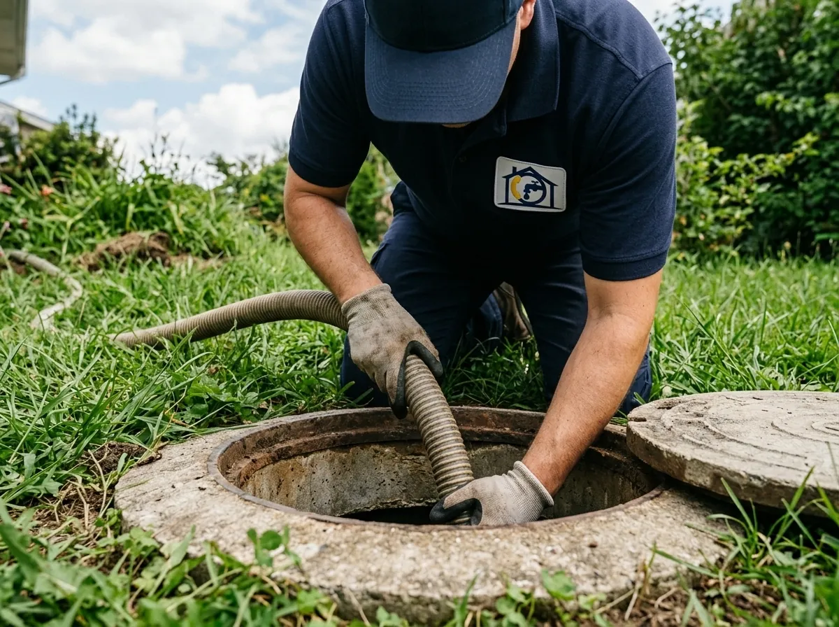 Worker guiding a hose into a concrete manhole in a grassy yard