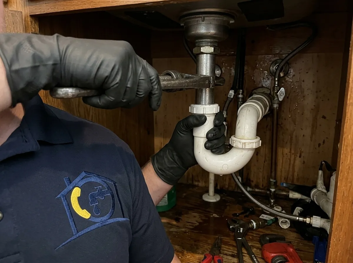 Plumber repairing pipes under a sink cabinet, reaching with tools in a tight space.
