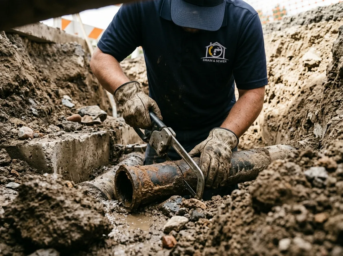 Worker uses a red hose to drain a wet, blackened floor opening near shoes and a manhole cover