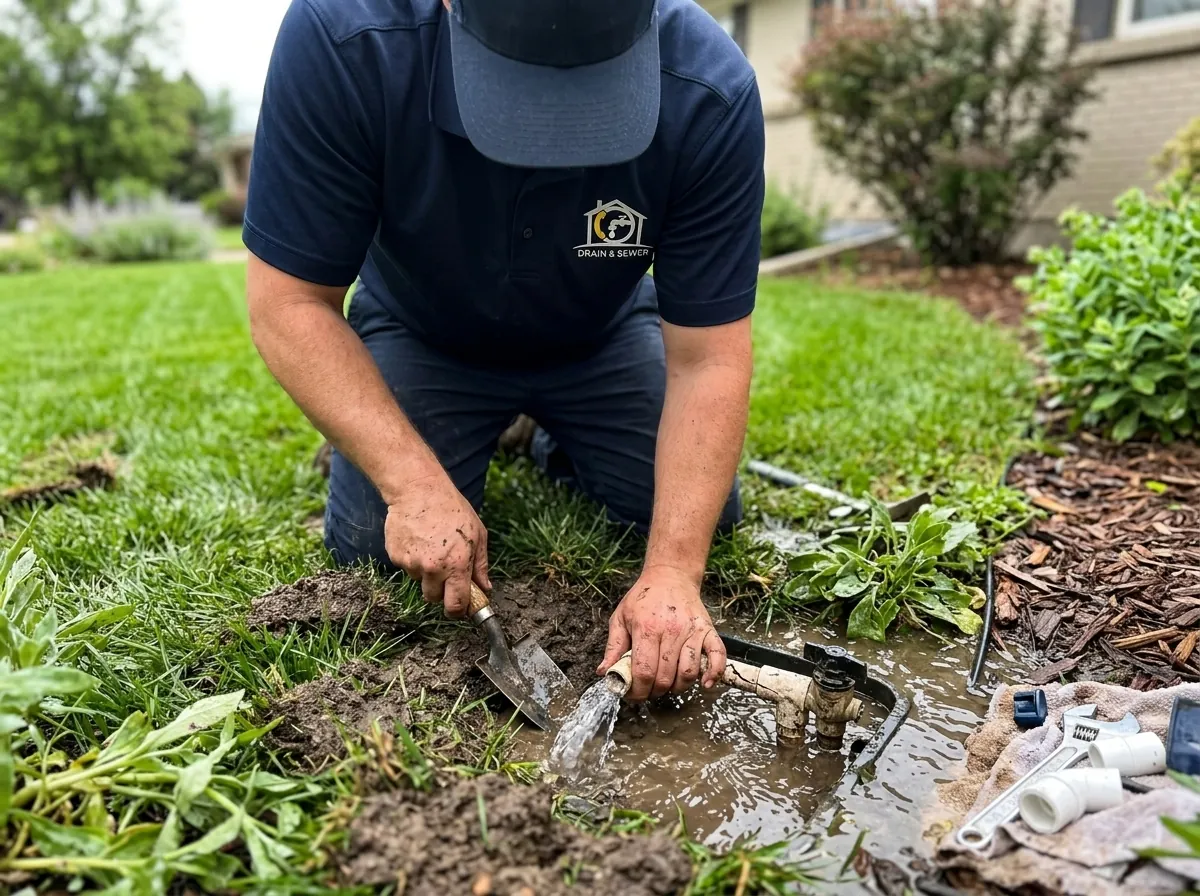 Sprinkler system leak wasting water in residential garden in Lakewood, CO.