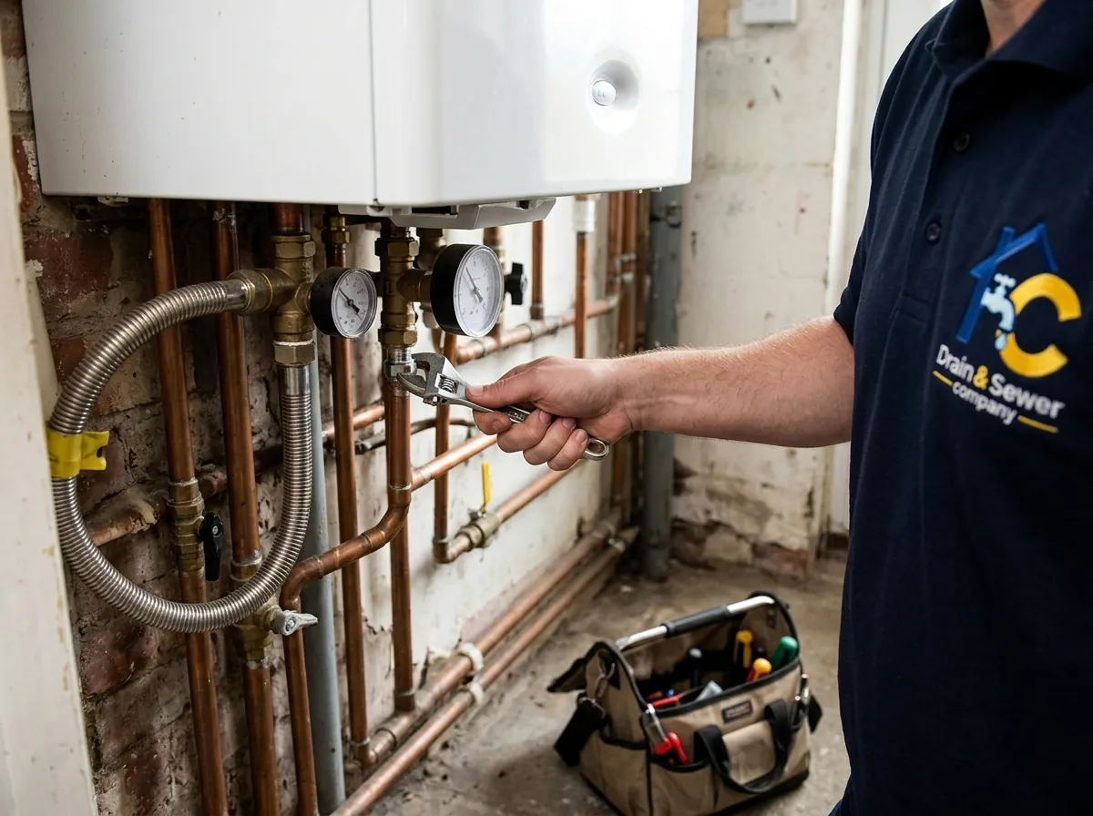 Technician inspecting a wall-mounted white boiler with tools in a utility room