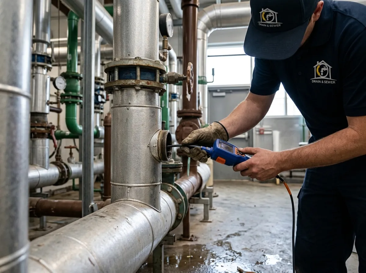Technician inspecting industrial plumbing system, OnCall Drain & Sewer commercial service.