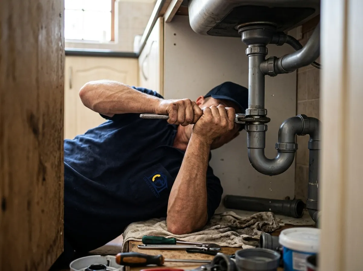 Technician working under a sink, tightening plumbing with a wrench.
