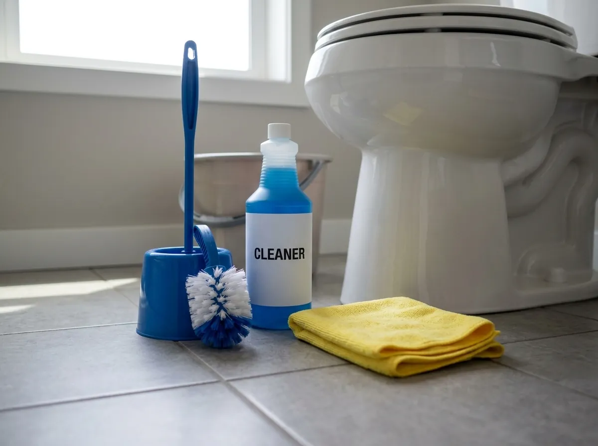 Toilet with cleaning brush and detergent, residential toilet cleaning service in Lakewood, CO.