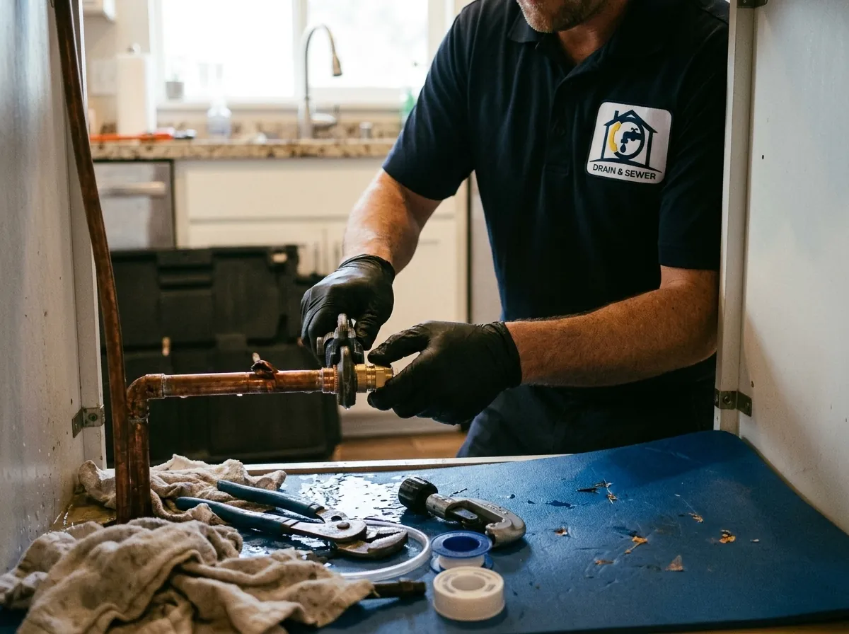 Gloved hands using a wrench to tighten a white outdoor pipe in a grassy yard trench