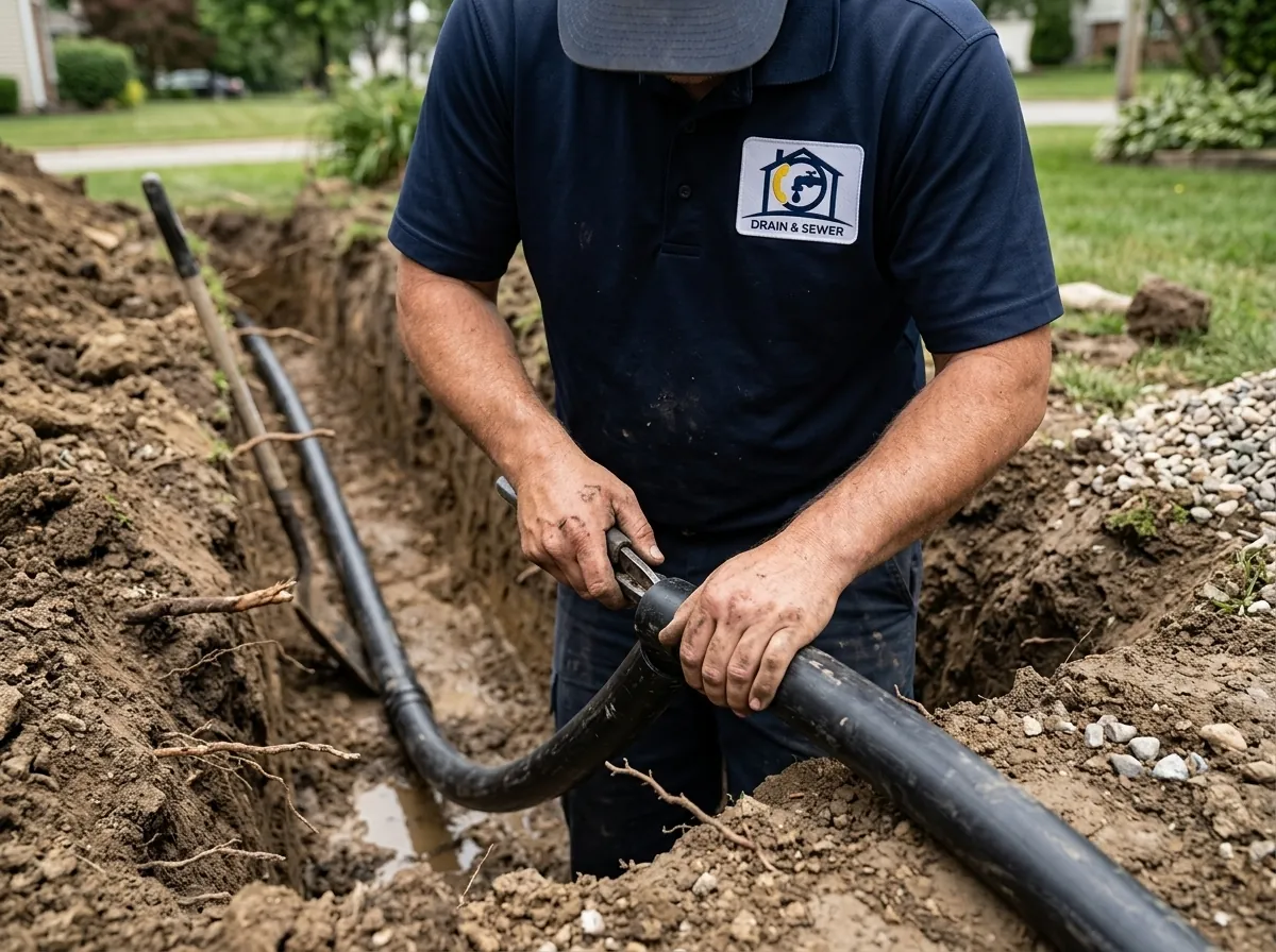 Worker installing a black pipe in a trench in a suburban yard